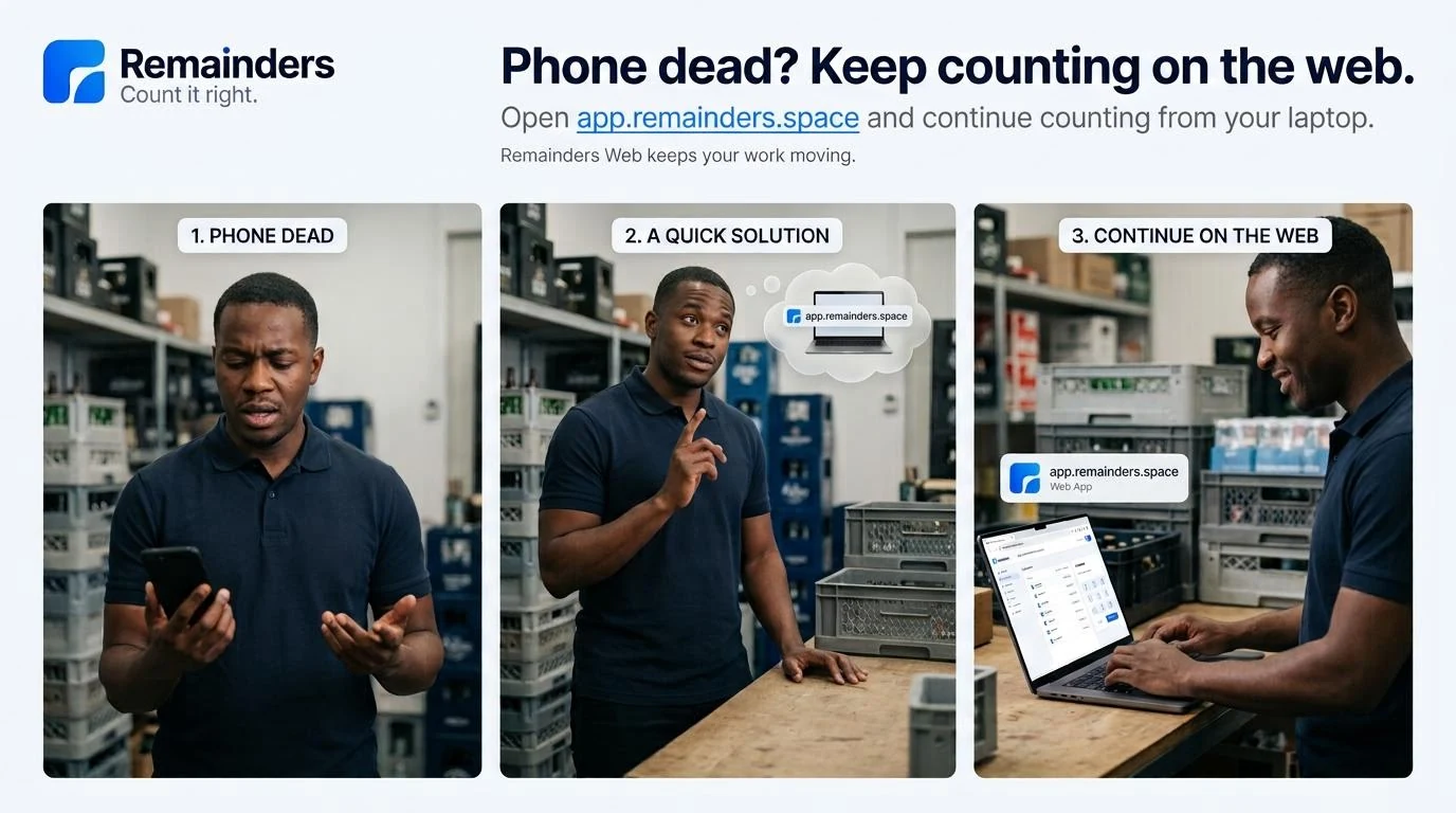 A stock counter moving from a phone to Remainders Web on a laptop