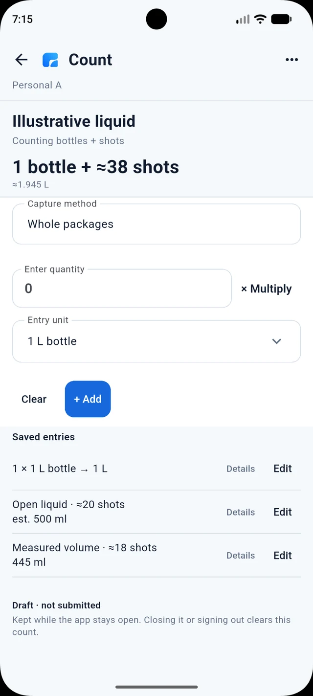 Founder-approved Remainders liquid count showing 1 bottle plus approximately 38 shots and approximately 1.945 L