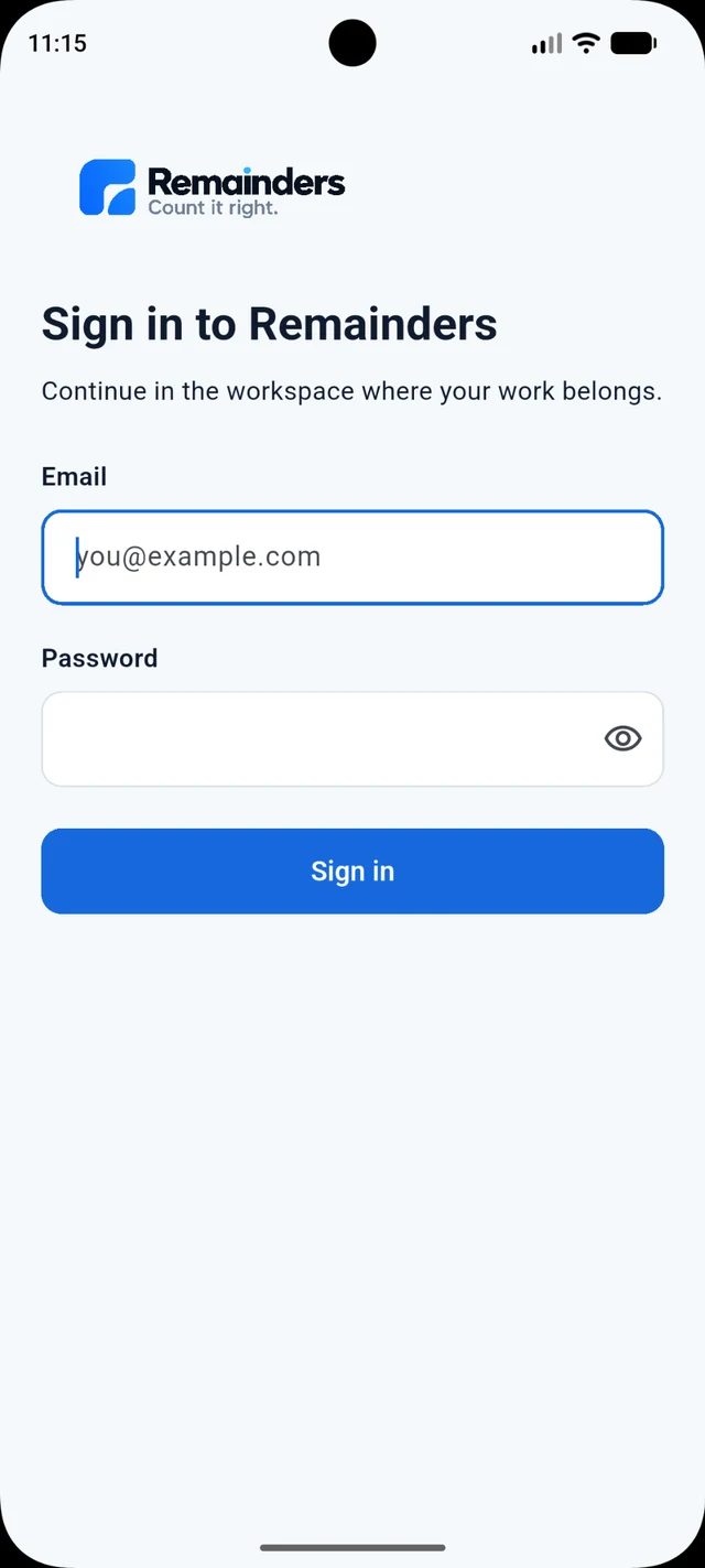 Remainders sign-in screen, shown as a product preview