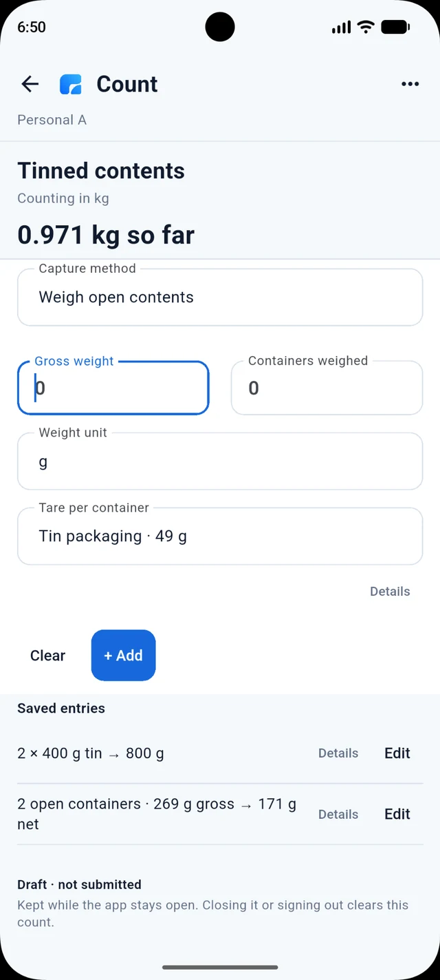 Founder-approved Remainders weight-based count showing gross weight, container count and tare